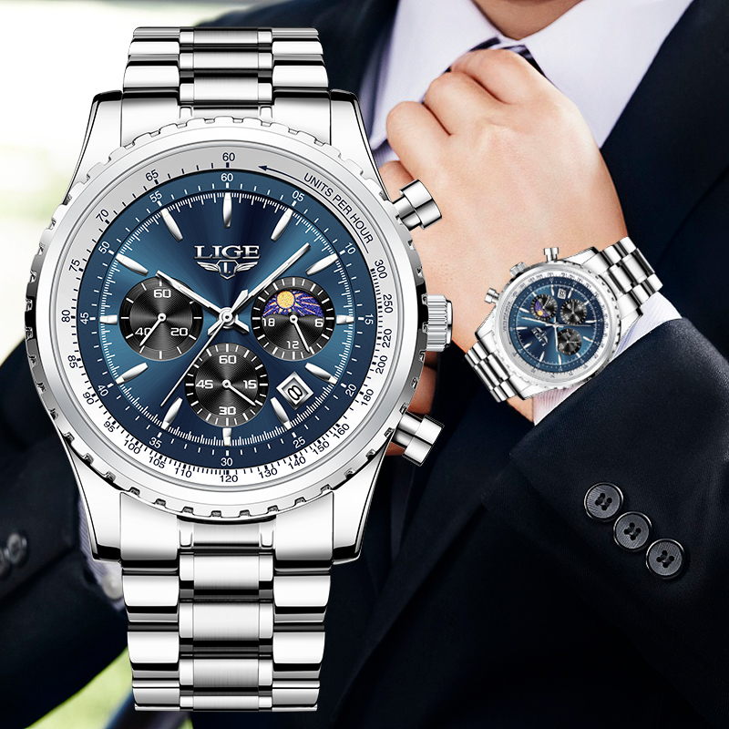 Luxury Watch Exhibition - Lige-メンズラグジュアリークォーツ時計、月のフェーズ、ステンレス、カジュアル、スポーツ、防水、日付、素晴らしい腕時計、ブランド