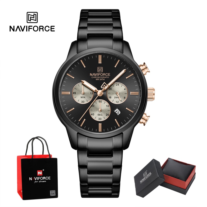 Luxury Watch Straps - NAVIFORCE メンズクォーツクロノグラフウォッチ 防水 日付表示 スチールストラップ 男性用
