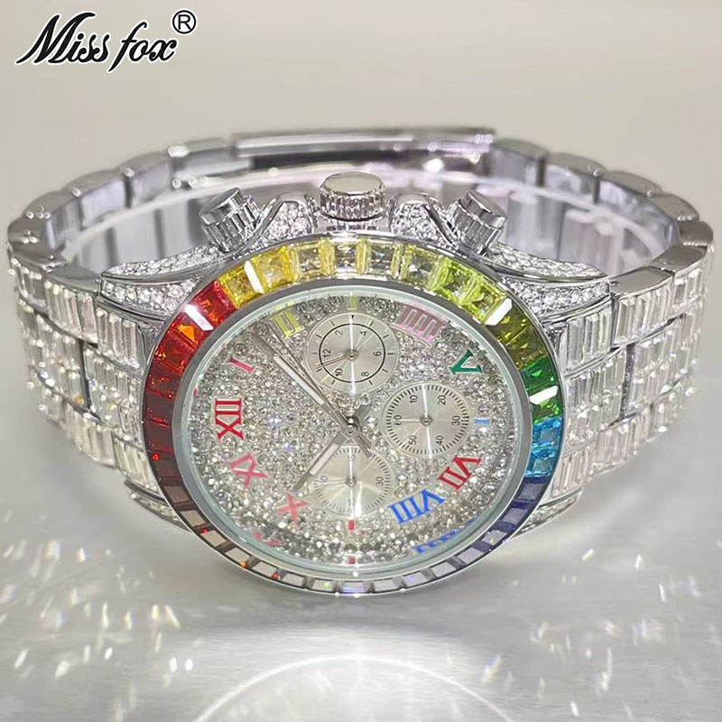 Luxury Watch Exhibition - Missfox-男性用の高級クォーツ時計,長方形のレインボー時計,防水ブランド,送料無料