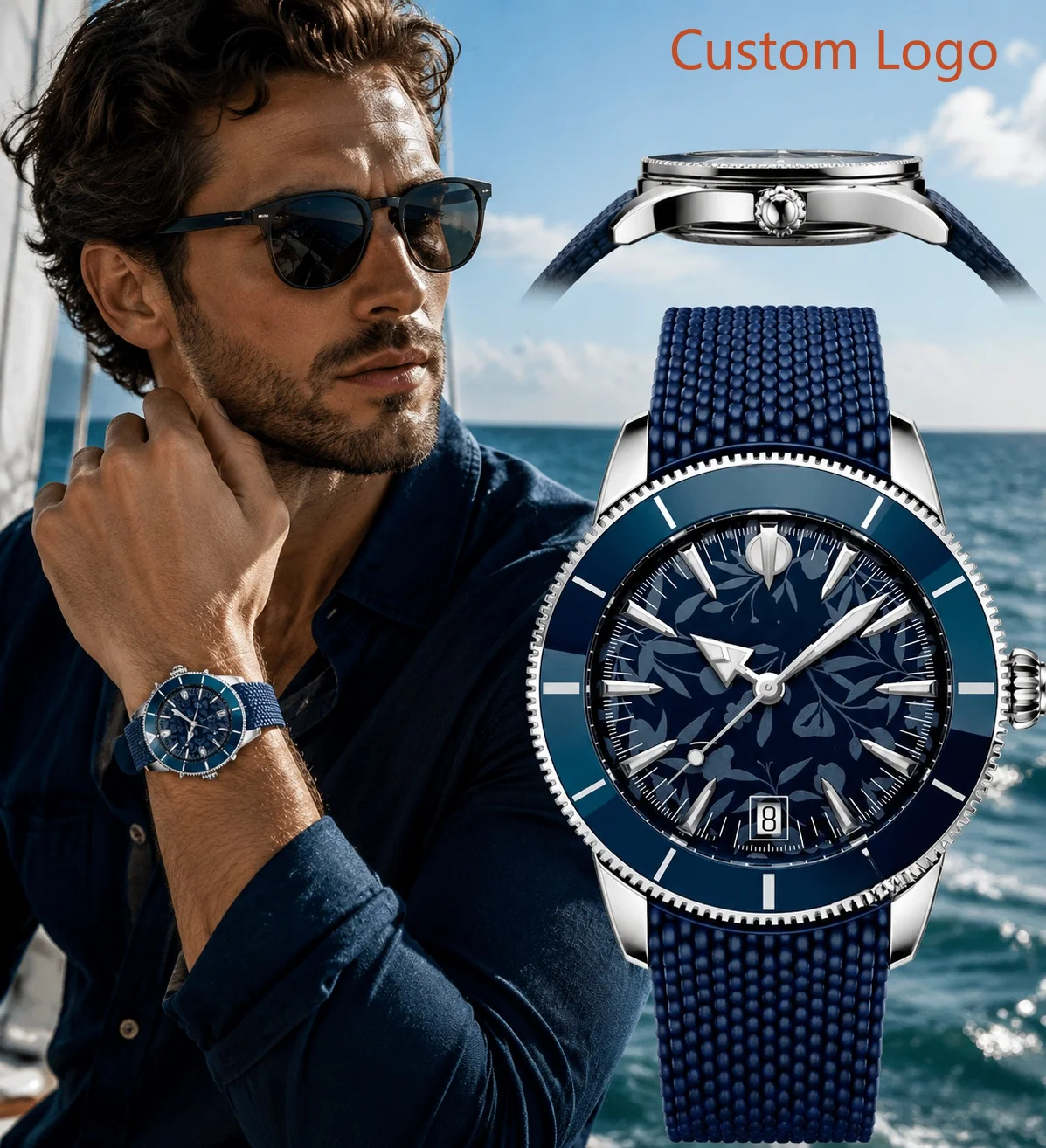 Luxury Watch Straps - 男性用46mmダイビング自動巻き腕時計、回転式ブルーセラミックベゼル、ユニークな花柄文字盤、ネイビーブルーのテクスチャードラバーストラップ、防水、アウトドアスポーツ、男性用機械式カスタムウォッチ