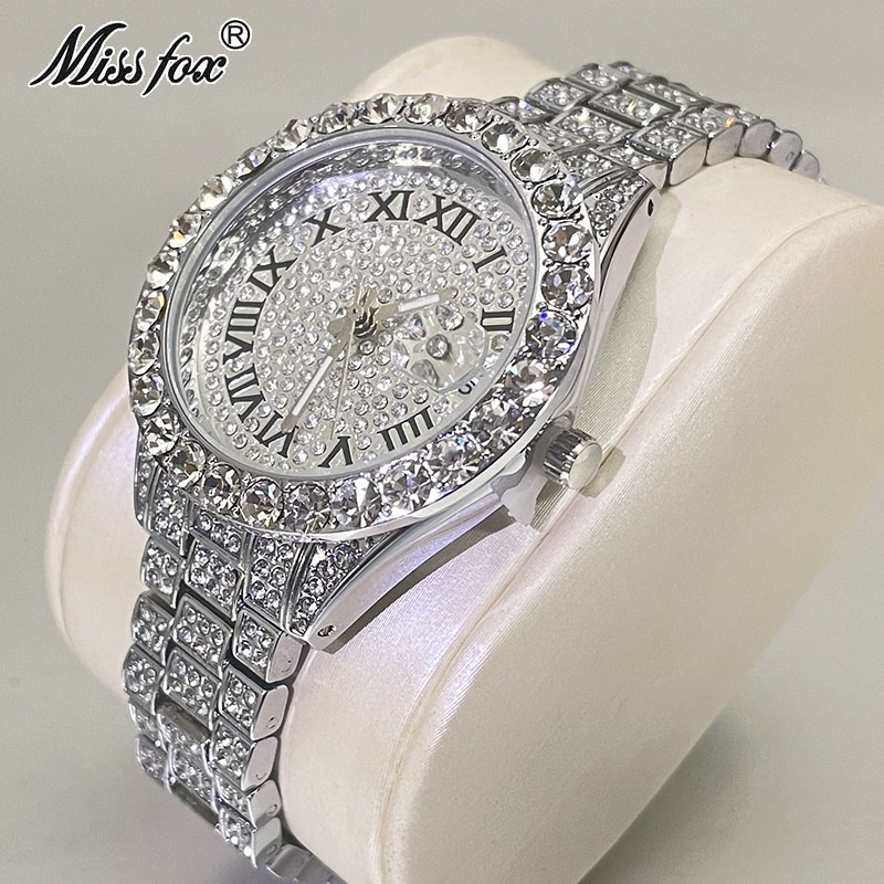 Luxury Watch And Jewelry Brand - Missfox-女性のための防水アイスダイヤモンドクォーツ腕時計,高級ジュエリー,ヒップホップブランド,女性へのギフト,ファッション,特別オファー