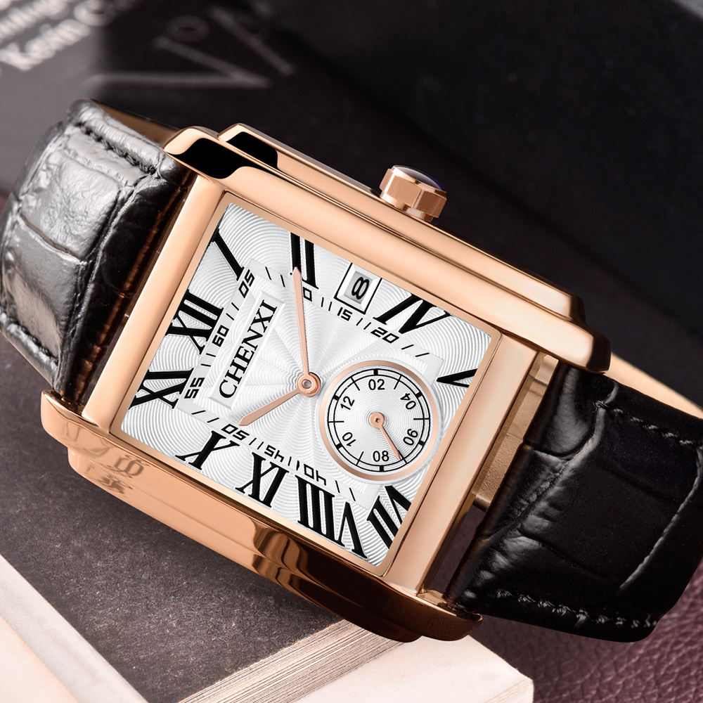 Chenxi-男性用のクラシックなスクエアブラウンレザーウォ - Luxury Watch Exhibition のレビューと価格