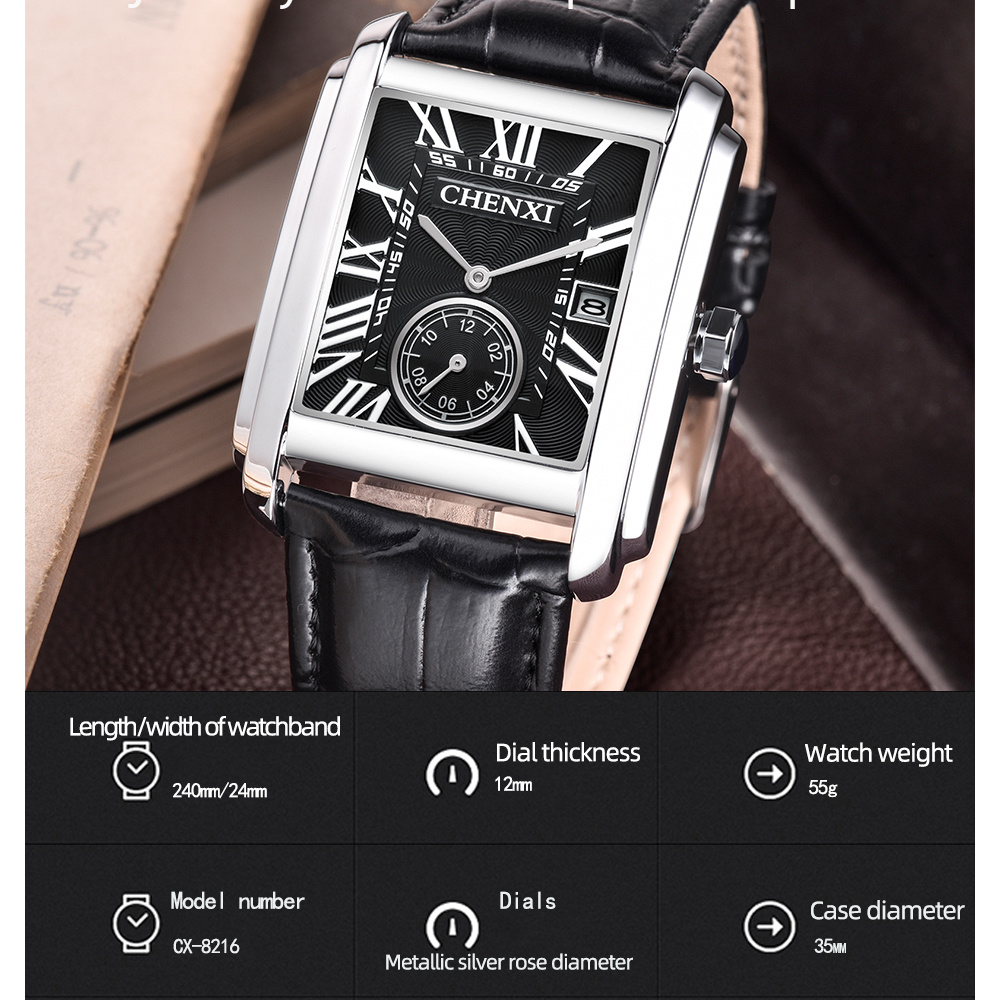 Chenxi-男性用のクラシックなスクエアブラウンレザーウォ - Luxury Watch Exhibition のレビューと価格